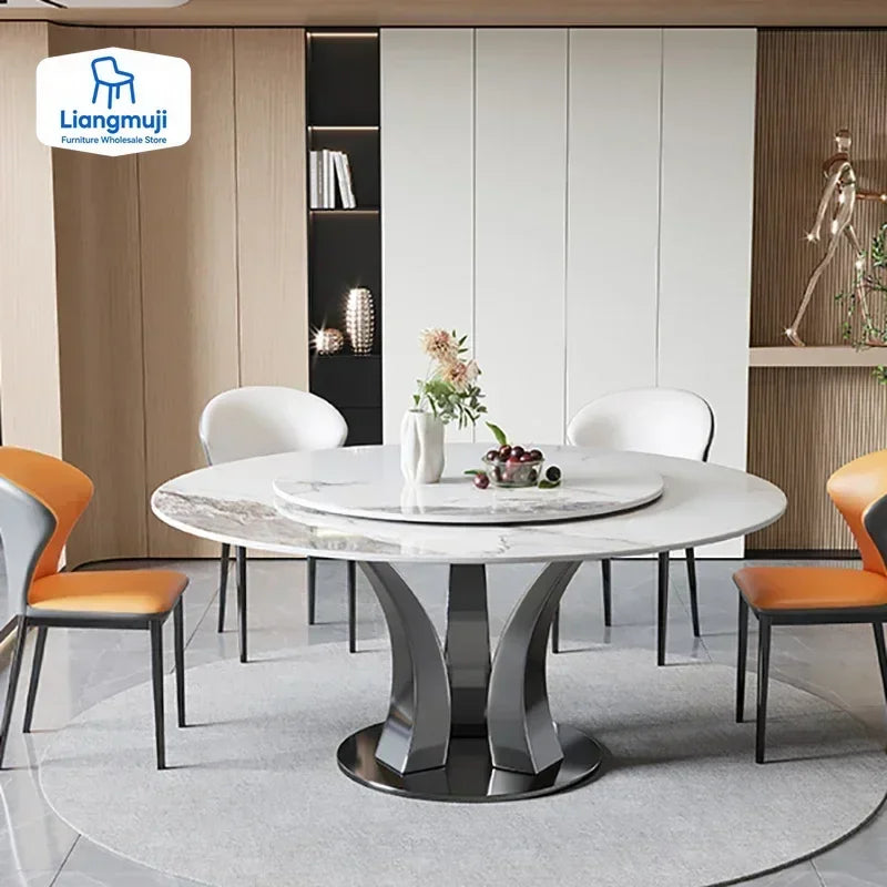 Modern Round Dining Table with Turntable Minimalist Stainless Steel Base