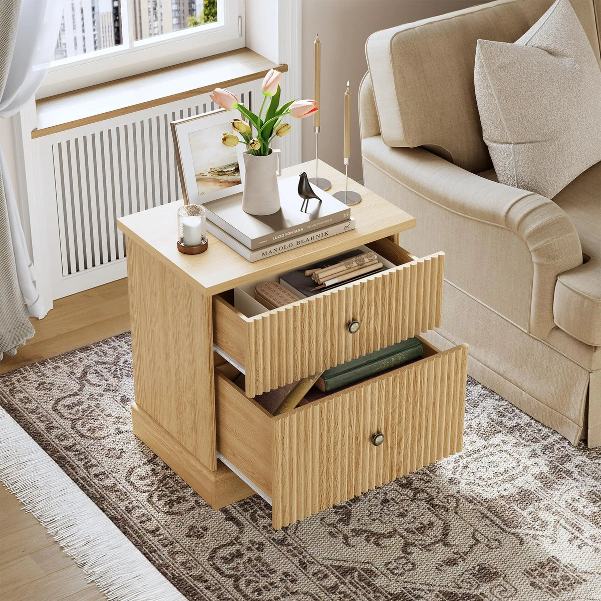 Mid Century Fluted Nightstand with 2 Storage Drawers Bedside Table Natural