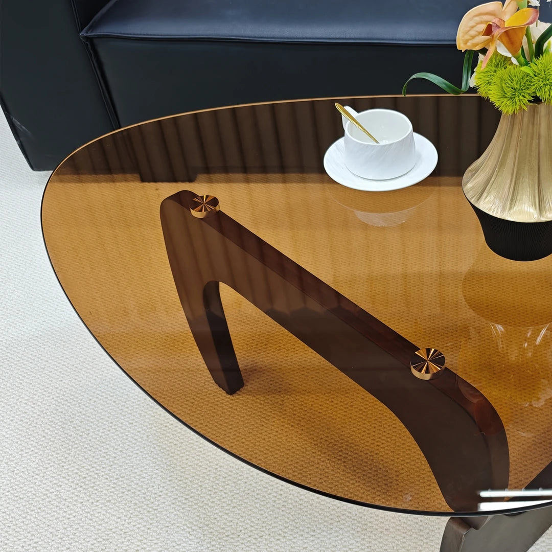 111cm Modern Amber Glass Triangular Coffee Table with Wooden Frame