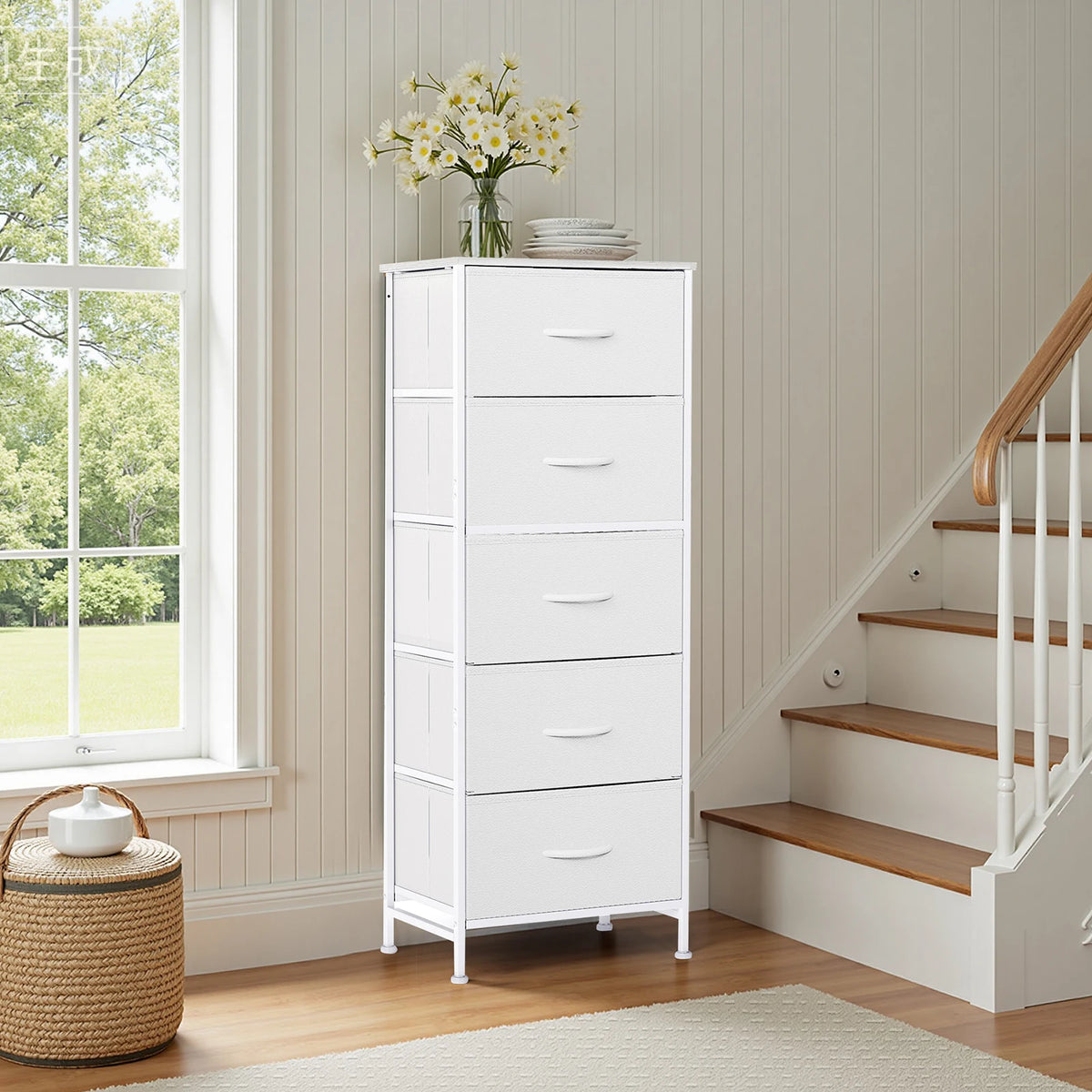 5-Drawer Fabric Tall Dresser with Steel Frame and Wooden Top