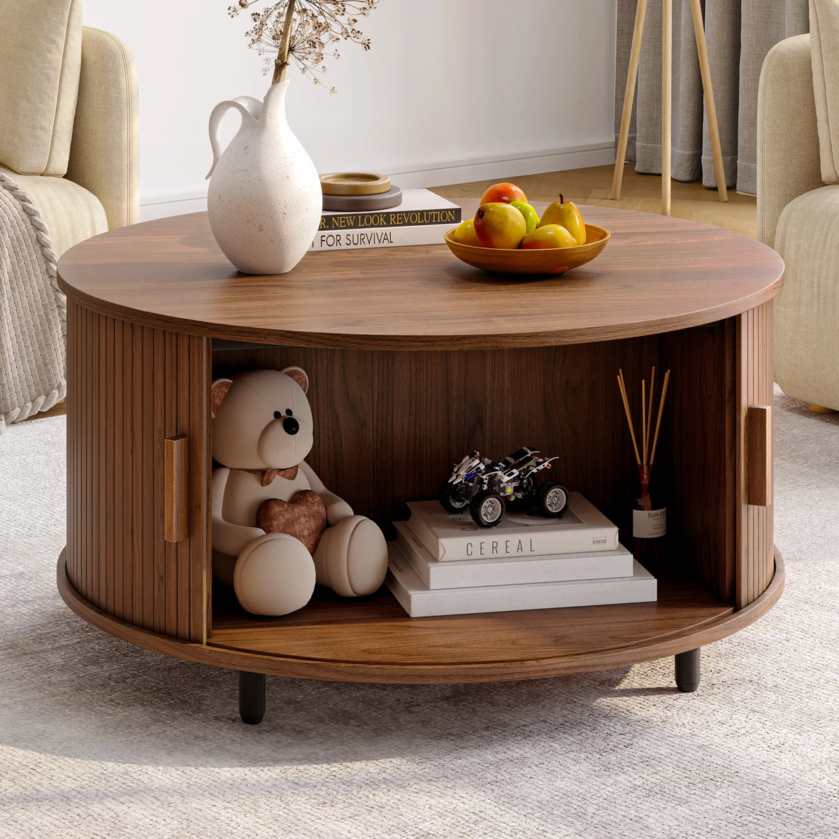 Round Coffee Table with Storage 80x80x40 cm Walnut