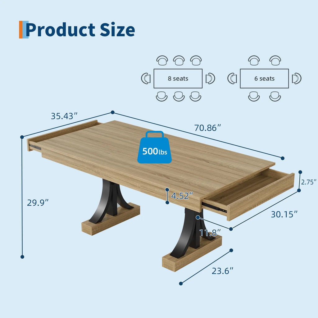 180.3cm Dining Table with 2 Drawers Industrial Rectangular Kitchen Table