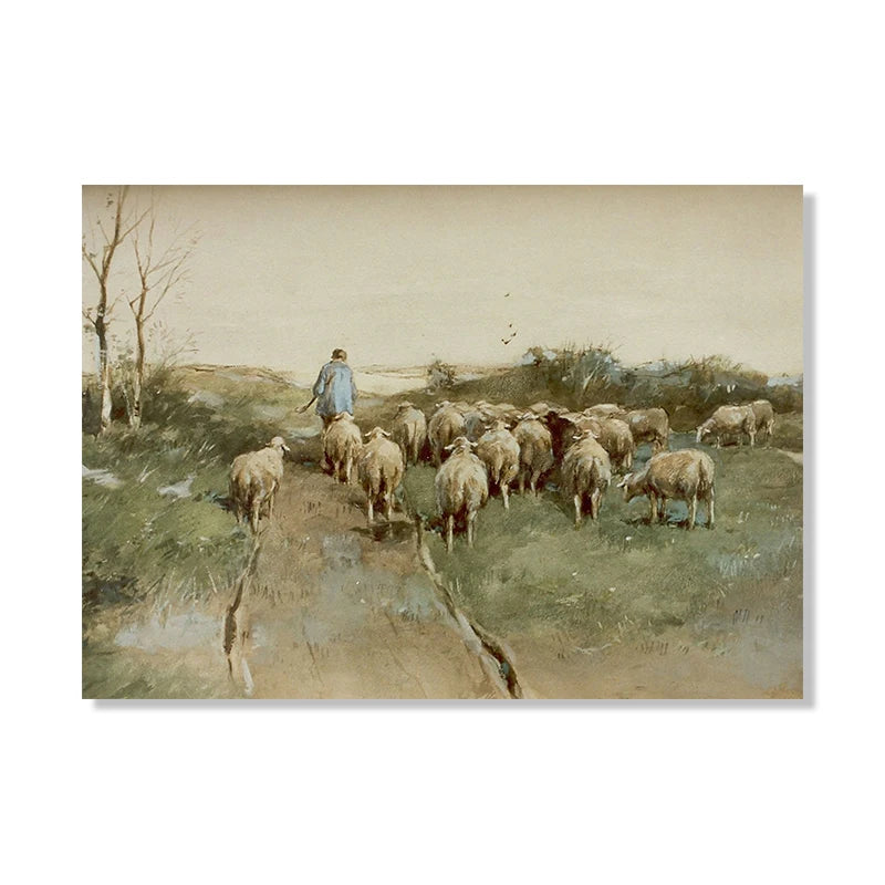 Vintage Sheep Landscape Canvas Painting Poster for Home Decor