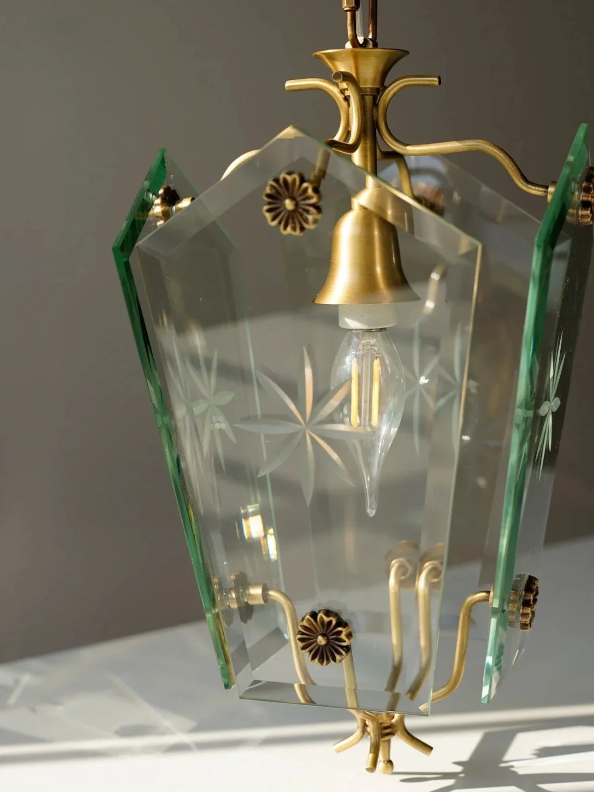 French Vintage Copper Pendant Light Etched Glass Bedroom Dining Room