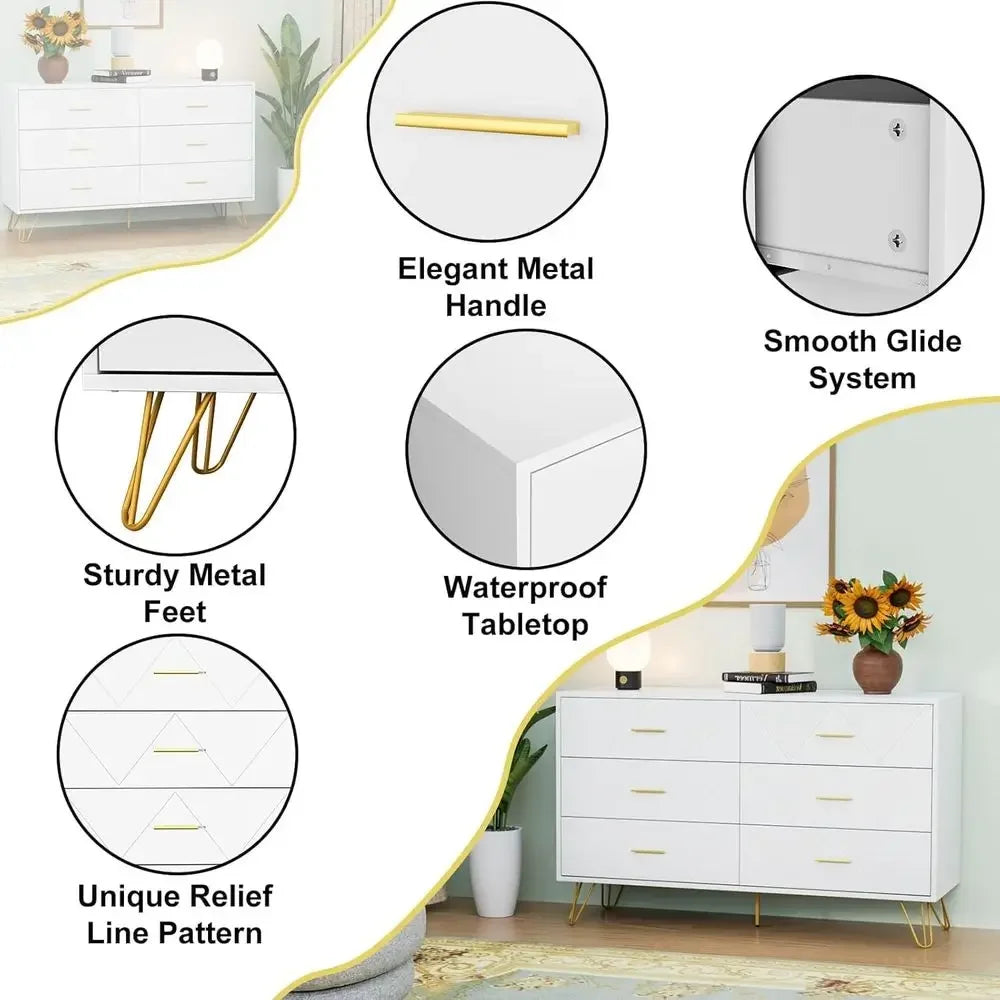 Modern White 3-Piece Bedroom Set 6-Drawer Dresser with Nightstands