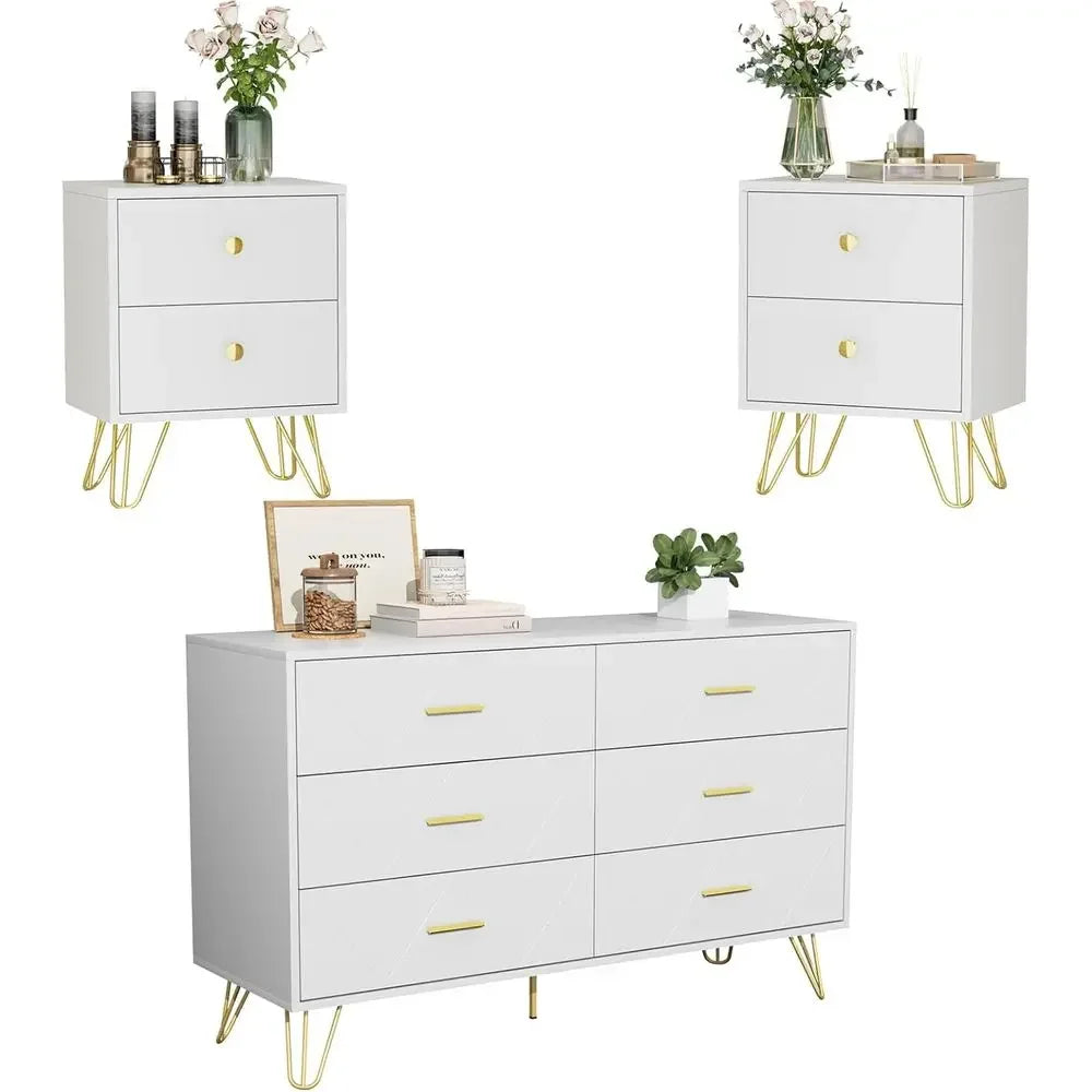 Modern White 3-Piece Bedroom Set 6-Drawer Dresser with Nightstands
