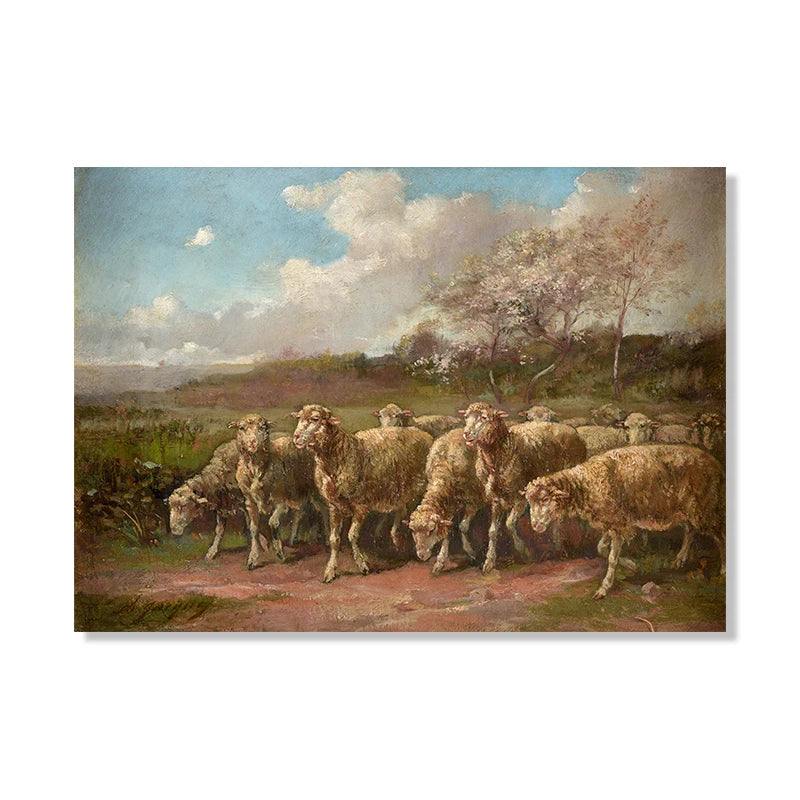 Vintage Sheep Landscape Canvas Painting Poster for Home Decor