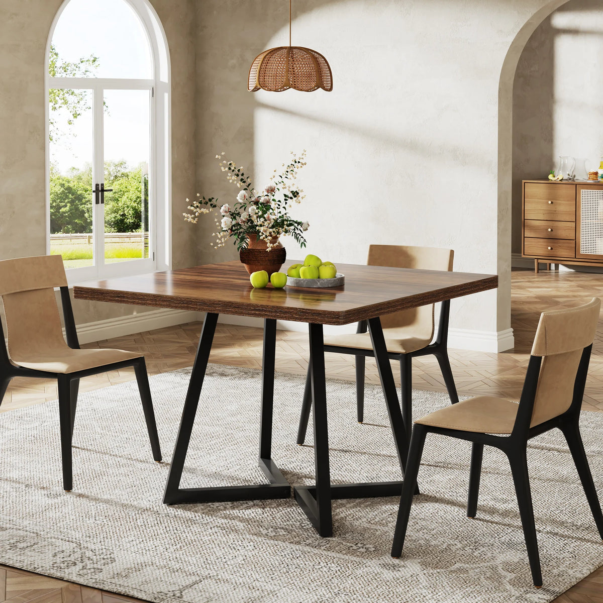 Square Industrial Dining Table with Wooden Top and Metal Base