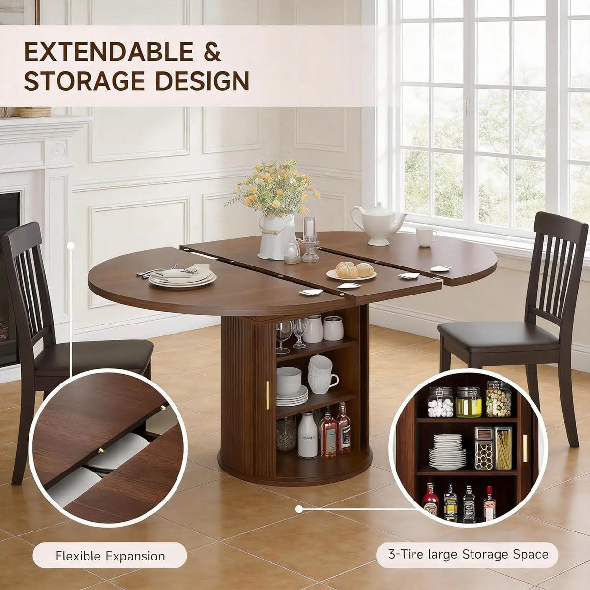 Modern Extendable Round Dining Table with Storage Cabinet