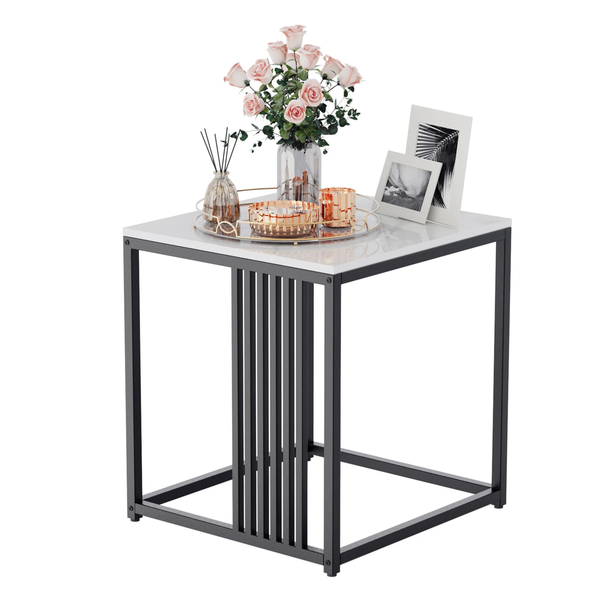 Square 40 x 40 x 45 cm Sintered Stone Iron End Table for Sofa Side Nightstand