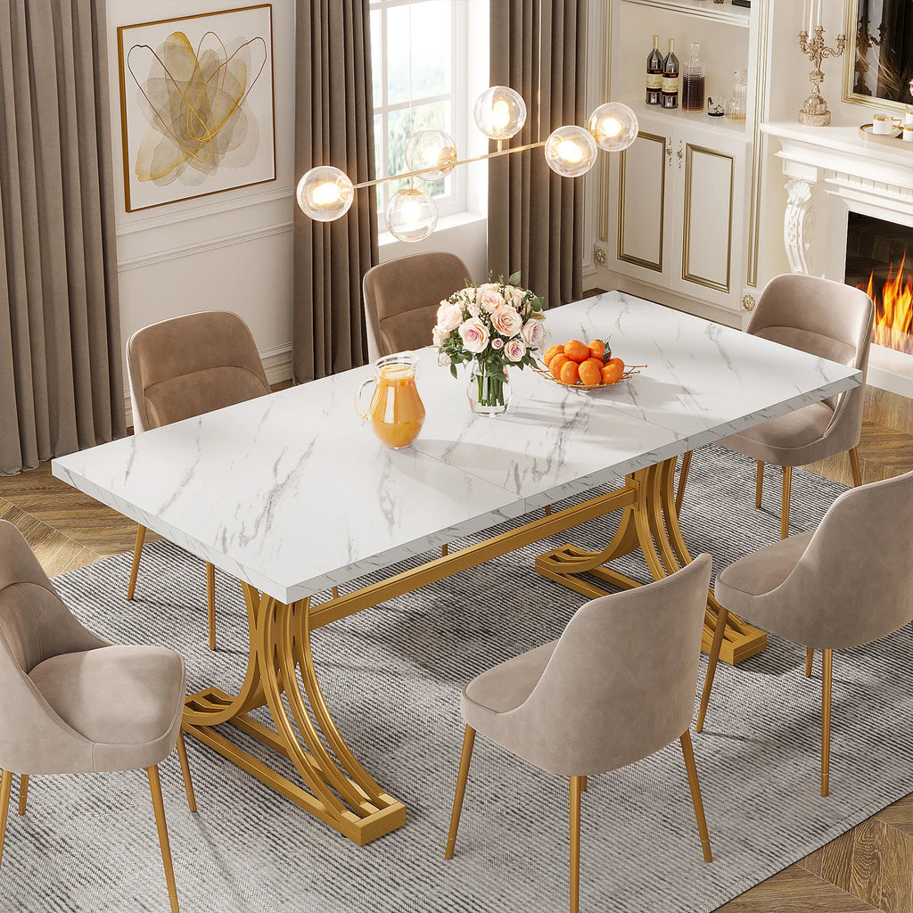 Modern Rectangular Dining Table with Faux Marble Top and Metal Base