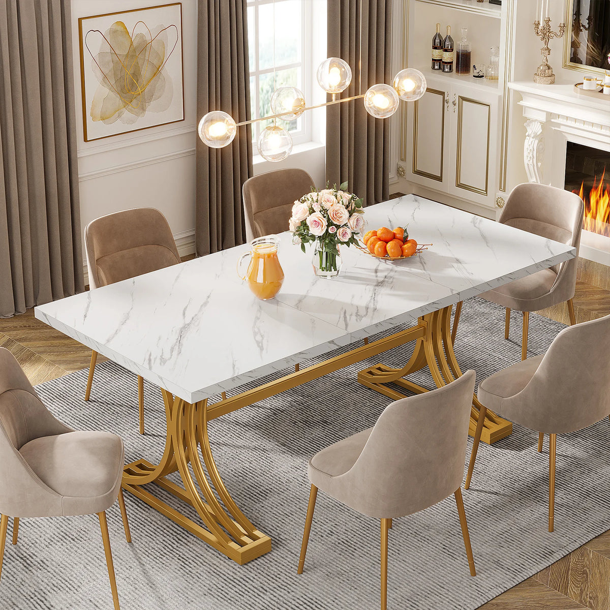 Modern Rectangular Dining Table with Faux Marble Top and Metal Base