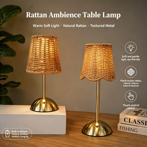 Bohemian Woven Rattan Art Table Lamp Touch Control USB Dimmable