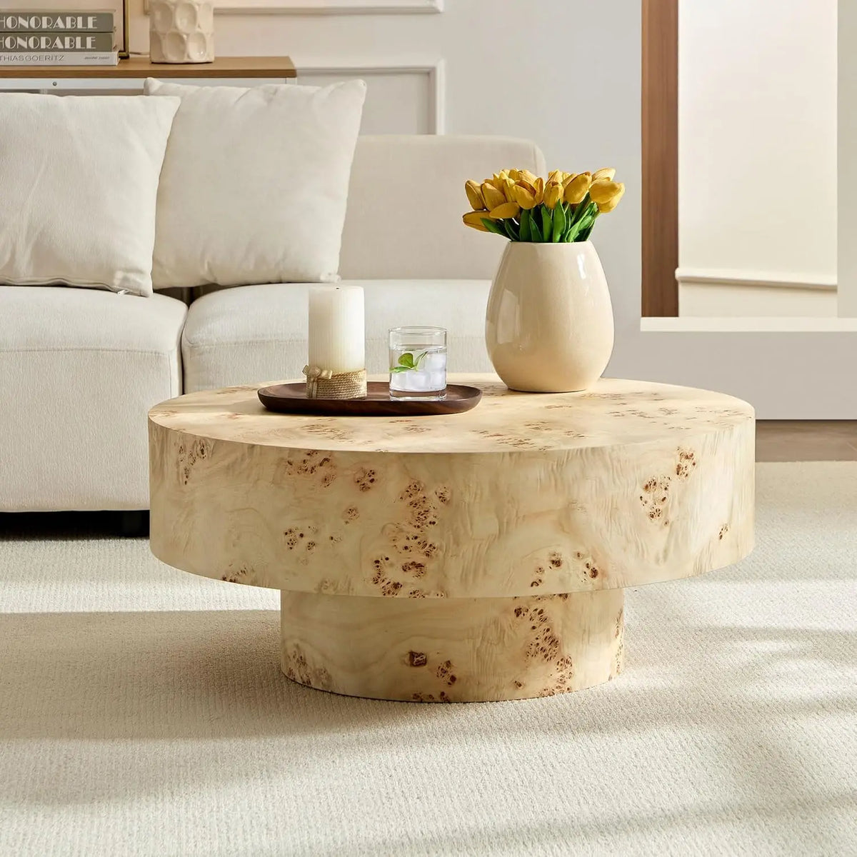 80 cm Modern Round Coffee Table with Sintered Stone Top Wood Veneer Tiered Base Living Room Furniture
