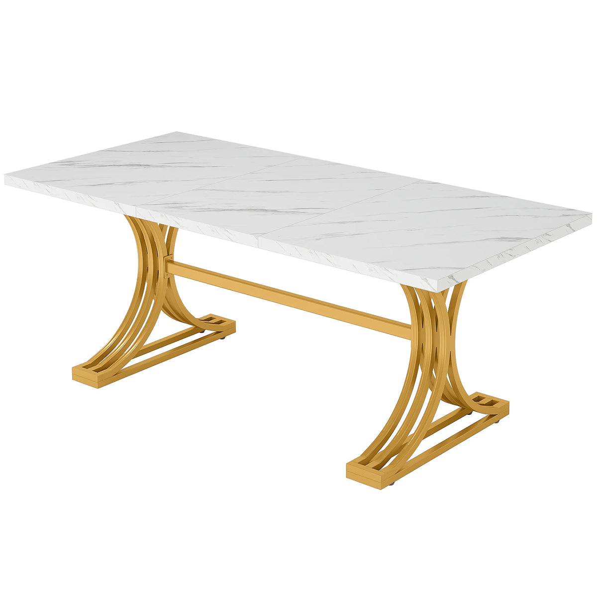 Modern Rectangular Dining Table with Faux Marble Top and Metal Base