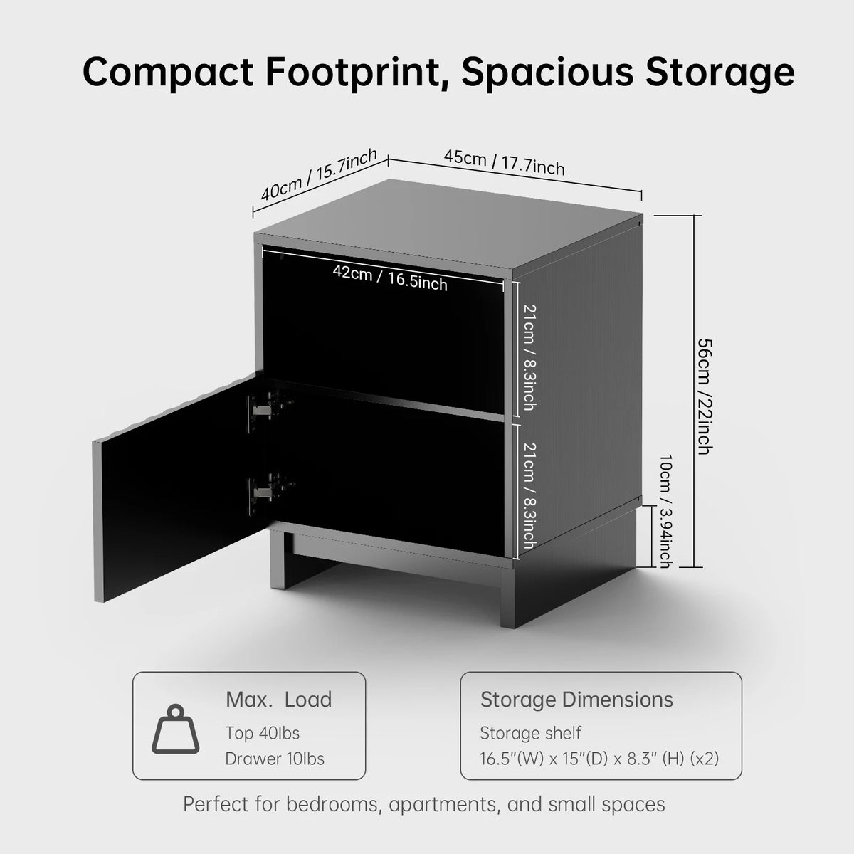 45cm Modern Bedside Table Wooden Nightstand with Storage Cabinet