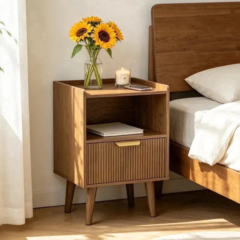 Mid-Century Modern Nightstand with Fluted Drawer Bedside Table Walnut Brown