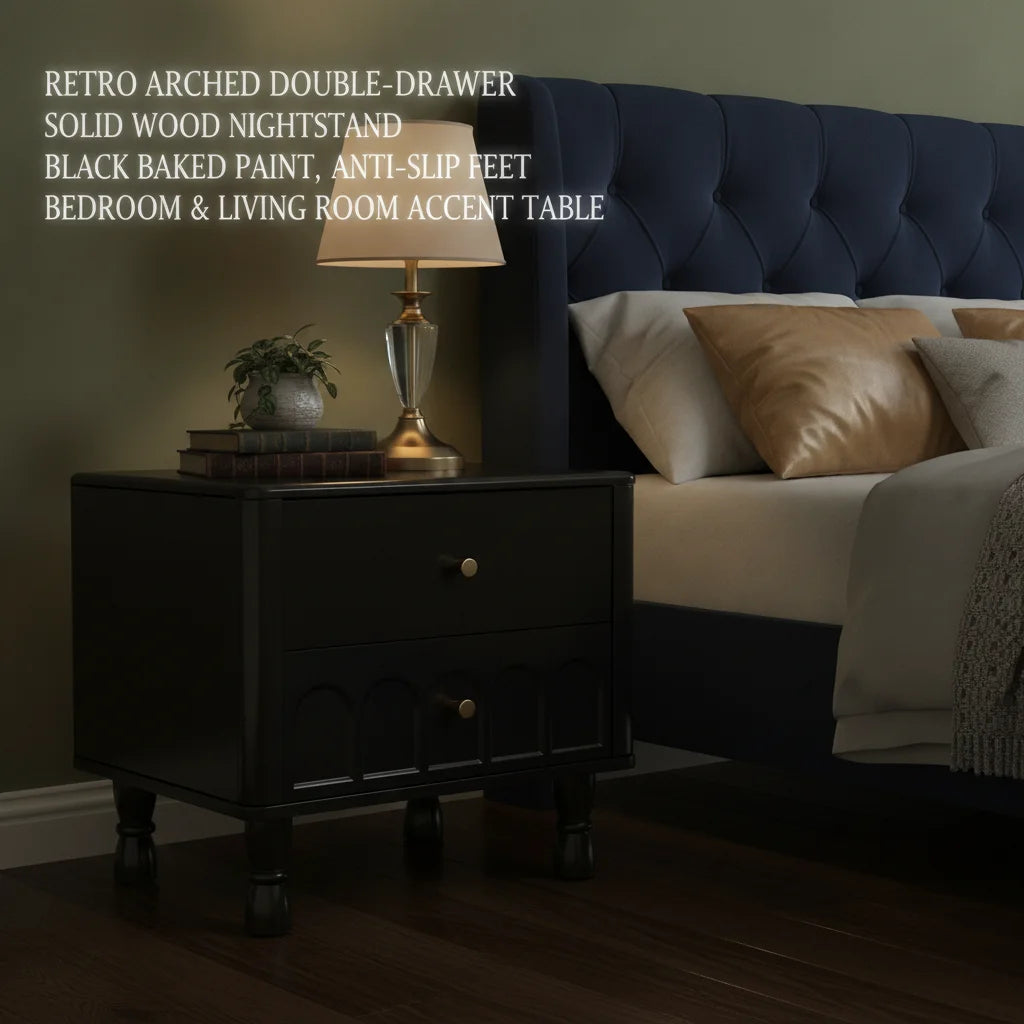 Retro Black 2-Drawer Wooden Nightstand with Metal Handles