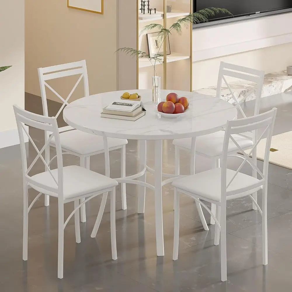 36" Round Marble Dining Table for 4 with Metal Frame White