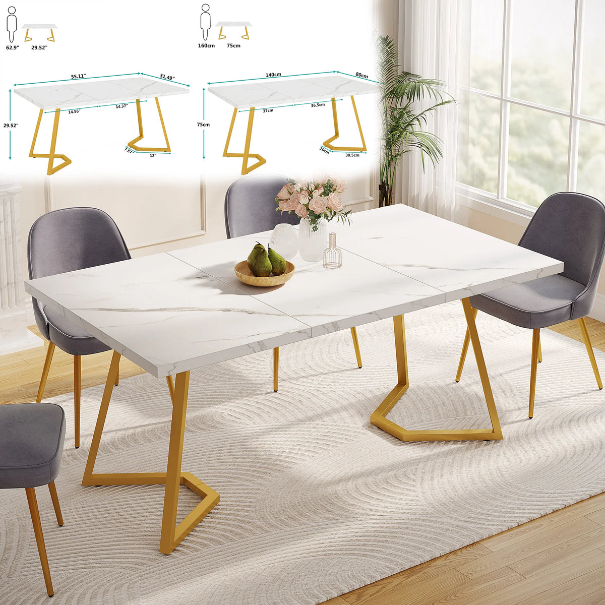 Modern Rectangular Dining Table with Faux Marble Top and Metal Base