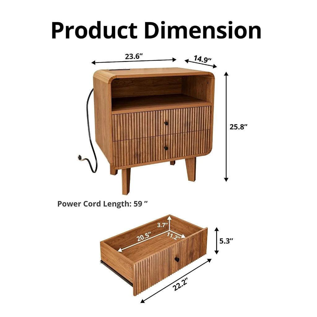 Modern Wooden Nightstand with 2 Drawers Charging Station Bedside Table Walnut
