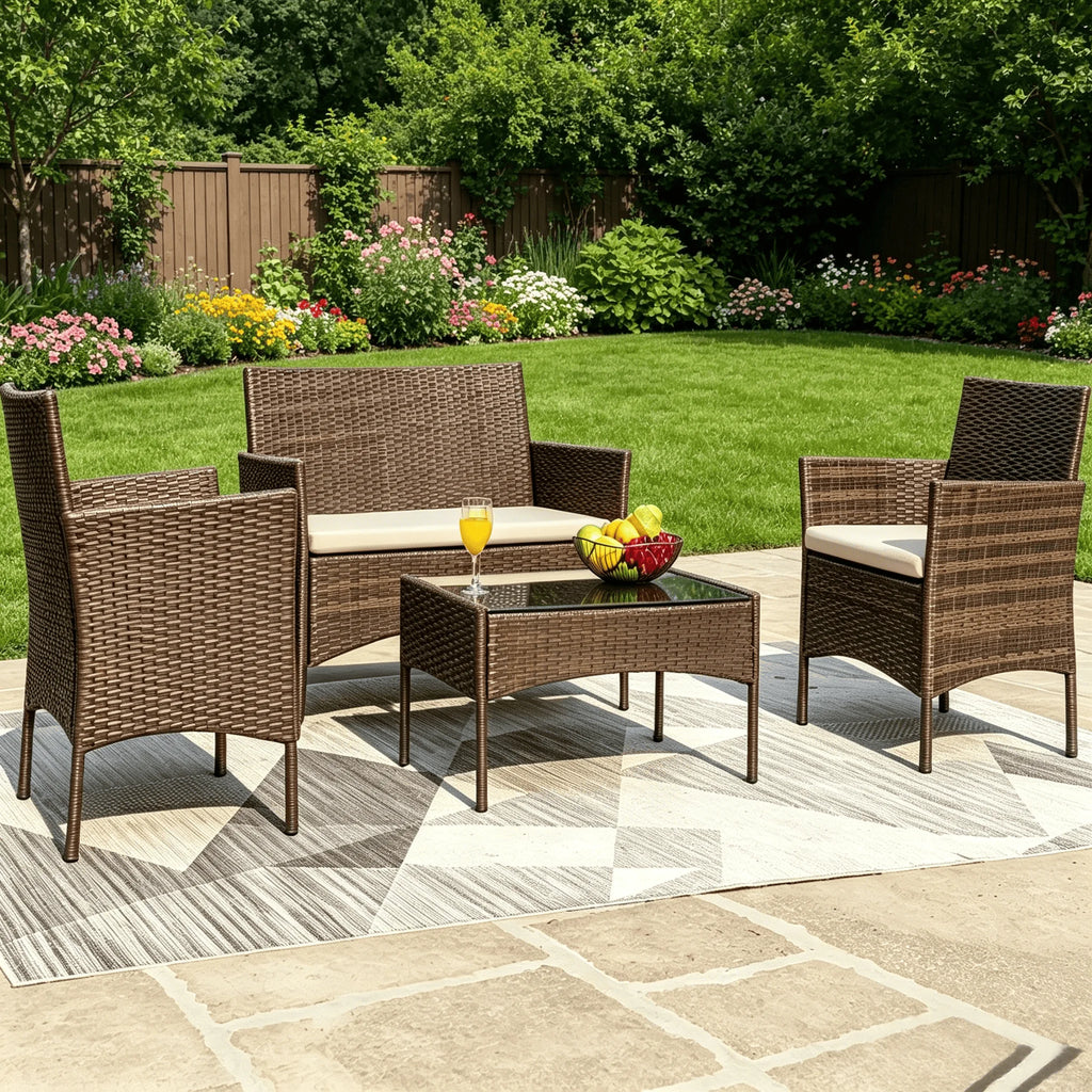 4-Piece PE Wicker Patio Conversation Set with Glass Coffee Table