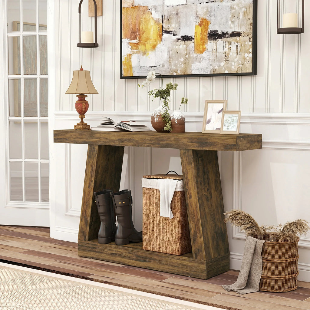 55.1" Narrow Entryway Table 2-Tier Console Table with Thickened Tabletop Storage Shelf Trapezoidal Base Rustic Brown