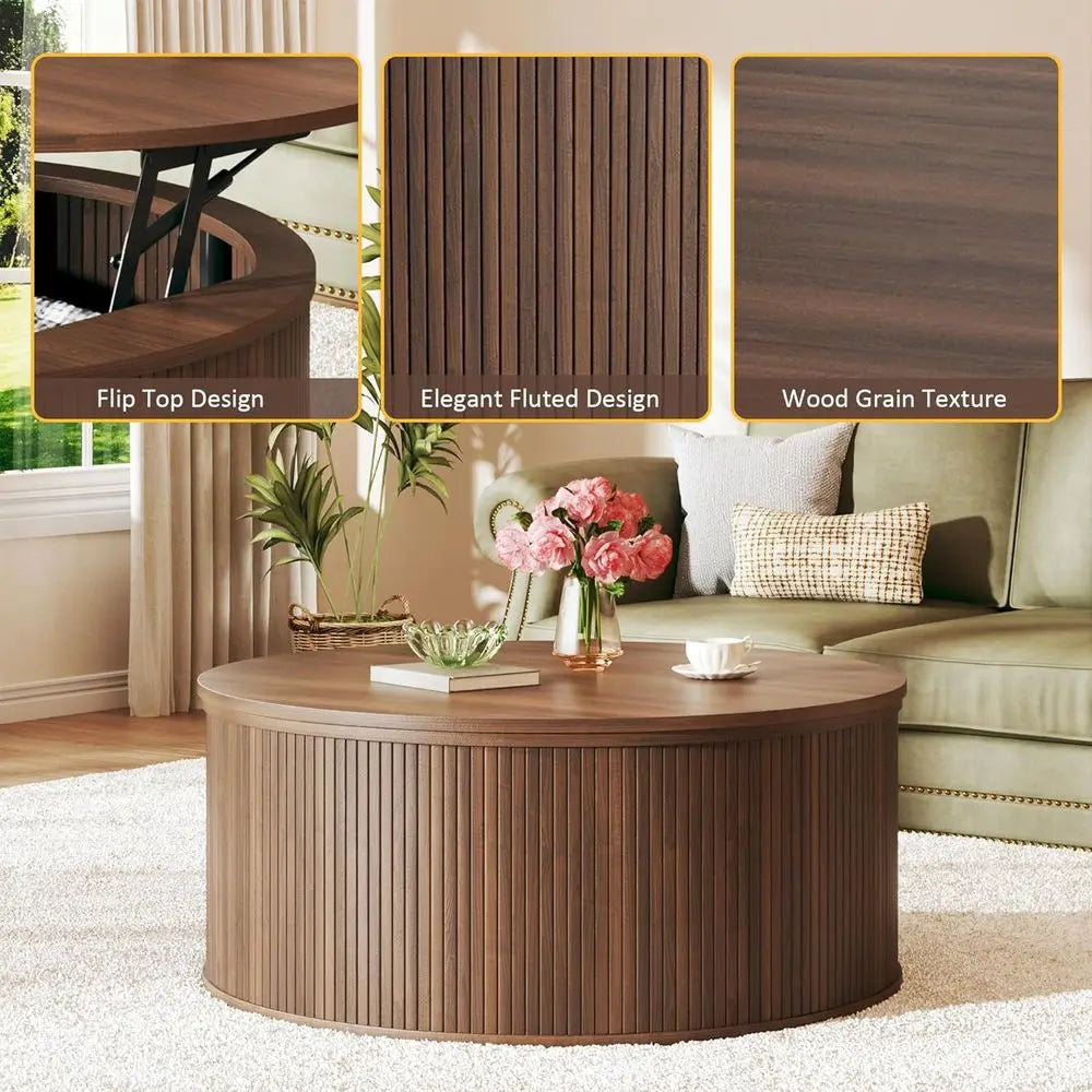 80cm Modern Round Lift-Top Coffee Table Rustic Wood Walnut with Storage