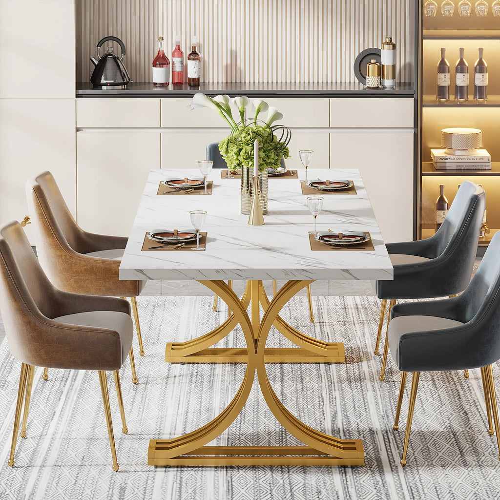 Modern Rectangular Dining Table with Faux Marble Top and Metal Base