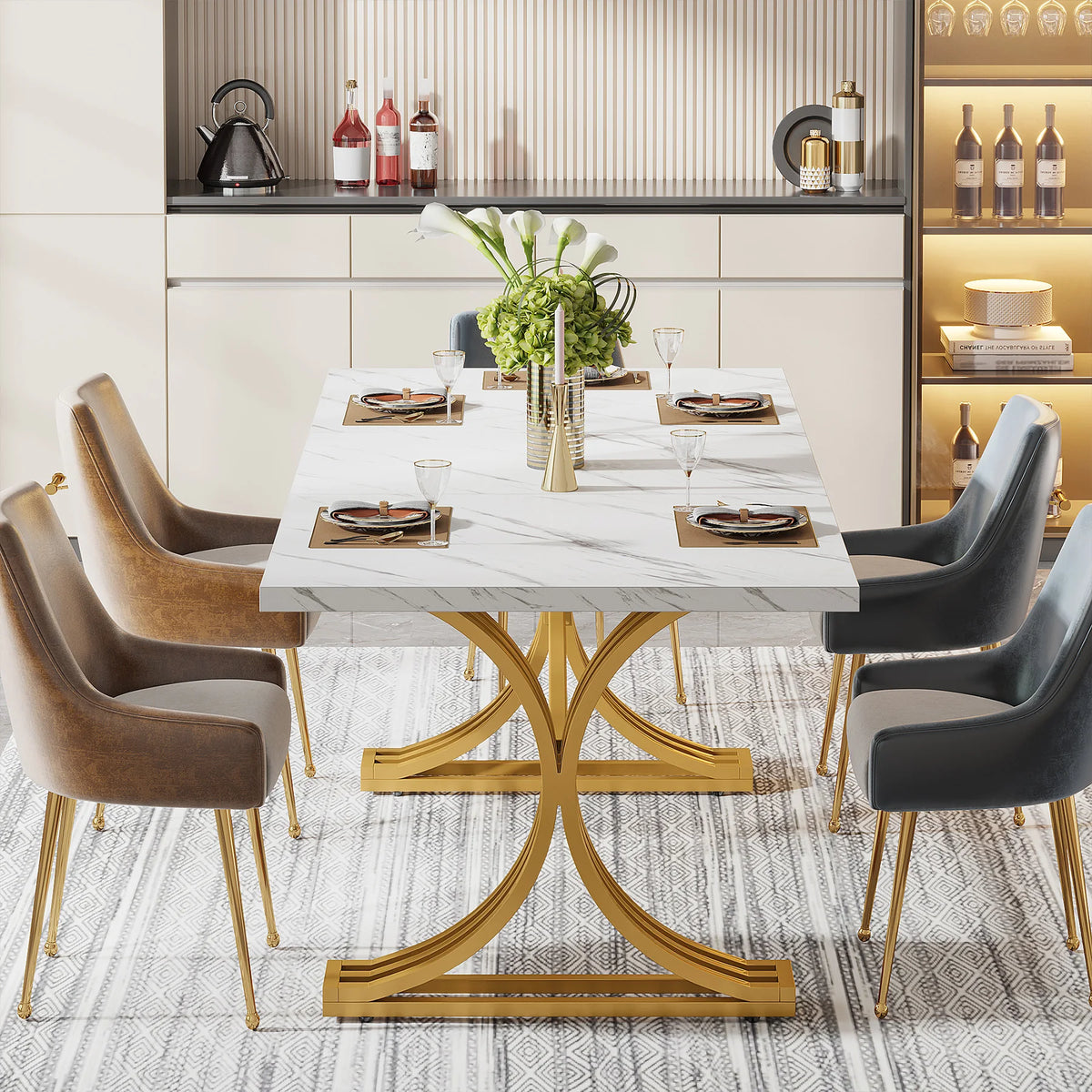 Modern Rectangular Dining Table with Faux Marble Top and Metal Base