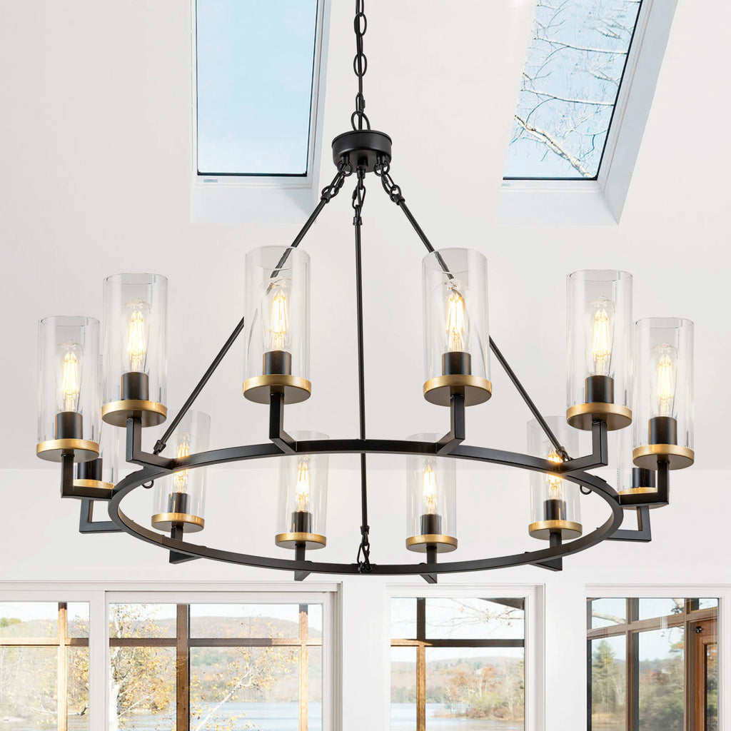 12-Light High Translucent Large Glass Chandelier Rustic Black for Living Room Foyer Entryway