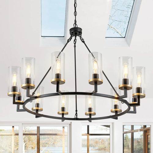12-Light High Translucent Large Glass Chandelier Rustic Black for Living Room Foyer Entryway