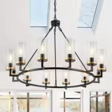 12-Light High Translucent Large Glass Chandelier Rustic Black for Living Room Foyer Entryway