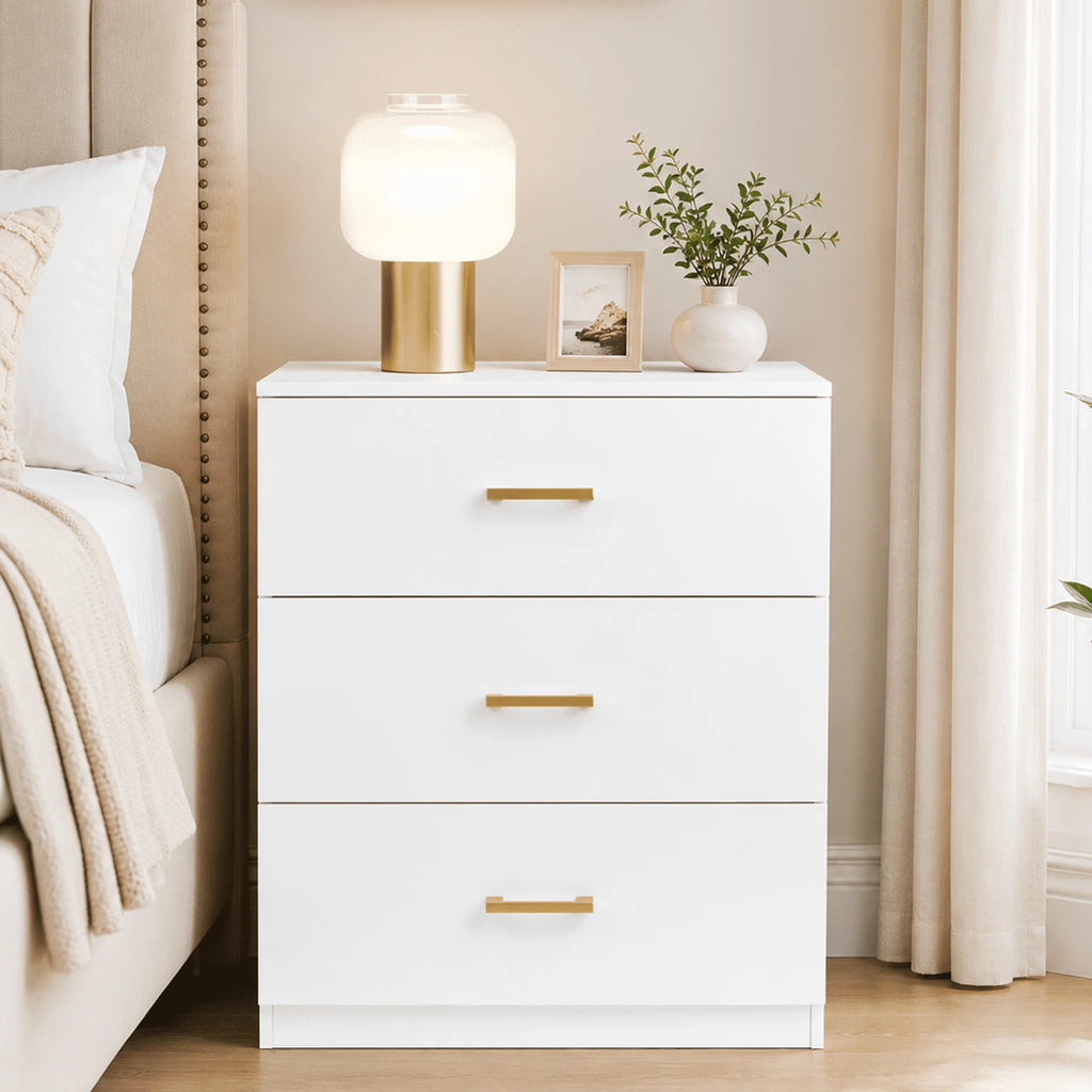 66cm Modern 3-Drawer Nightstand Wooden Bedside Storage Cabinet White