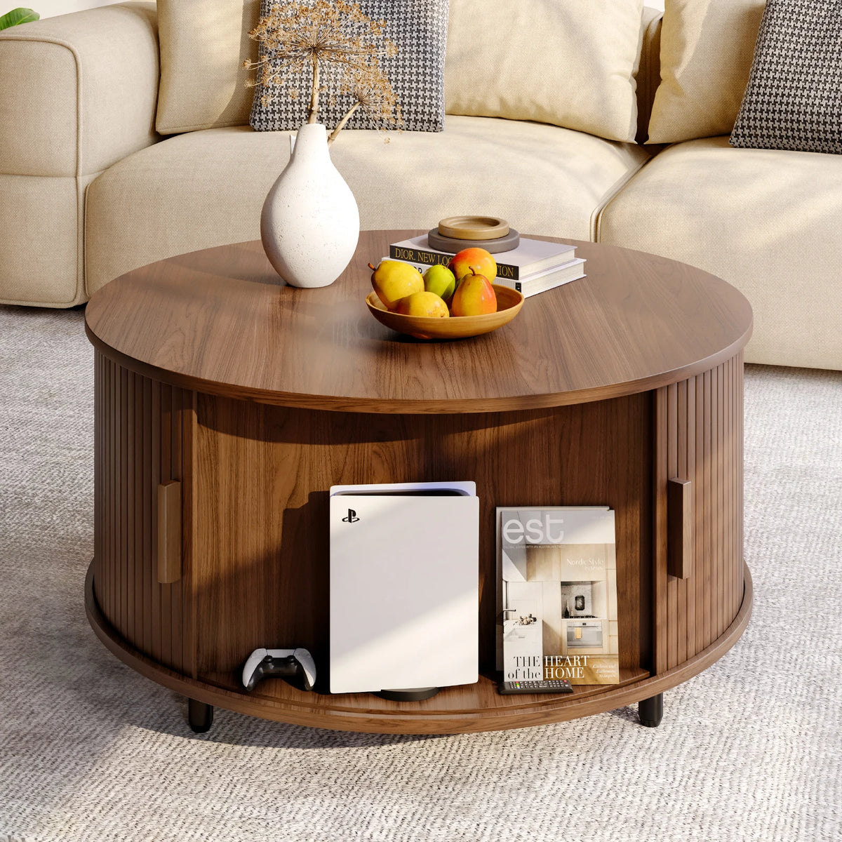 Round Coffee Table with Storage 80x80x40 cm Walnut