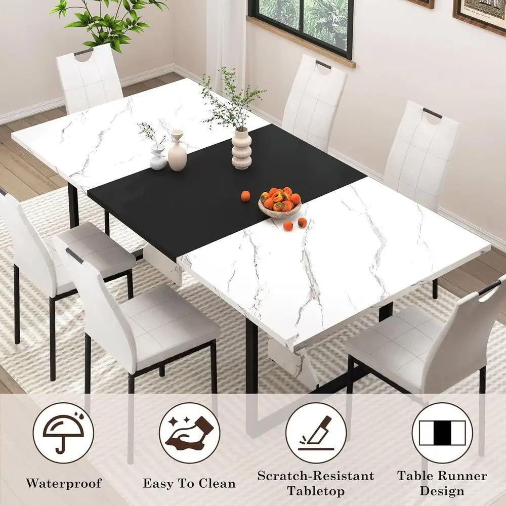 180.3cm Dining Table Set with 6 Upholstered Chairs Wooden Kitchen