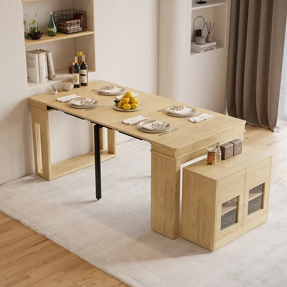 Modern Multifunctional Extendable Dining Table with Storage Cabinet Space Saving