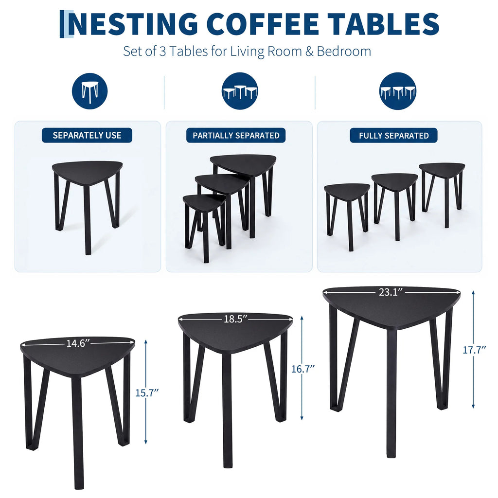 Set of 3 Industrial Triangle Nesting Coffee Tables with Metal Frame
