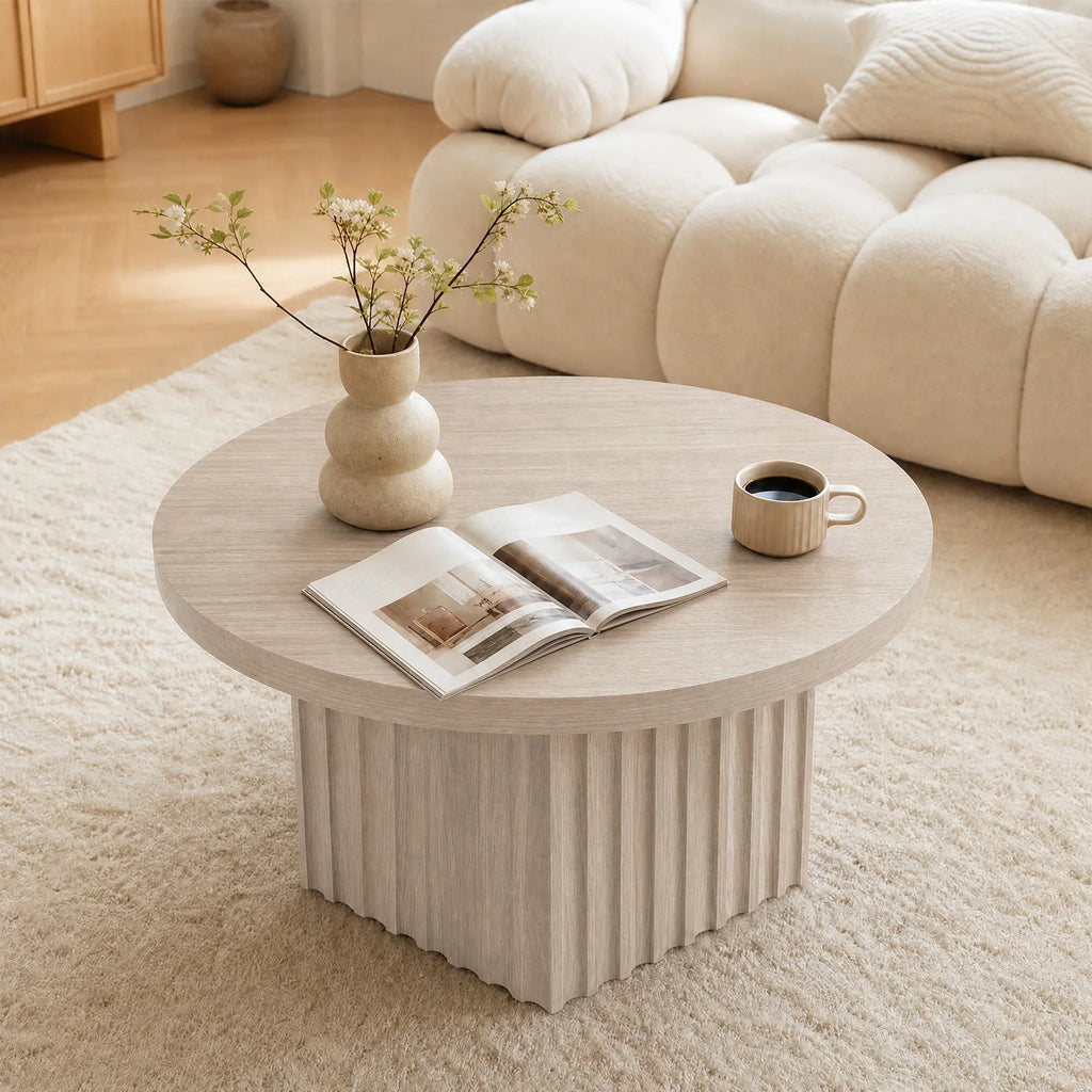 80 cm Round Fluted Drum Coffee Table with MDF Top for Living Room Apartment