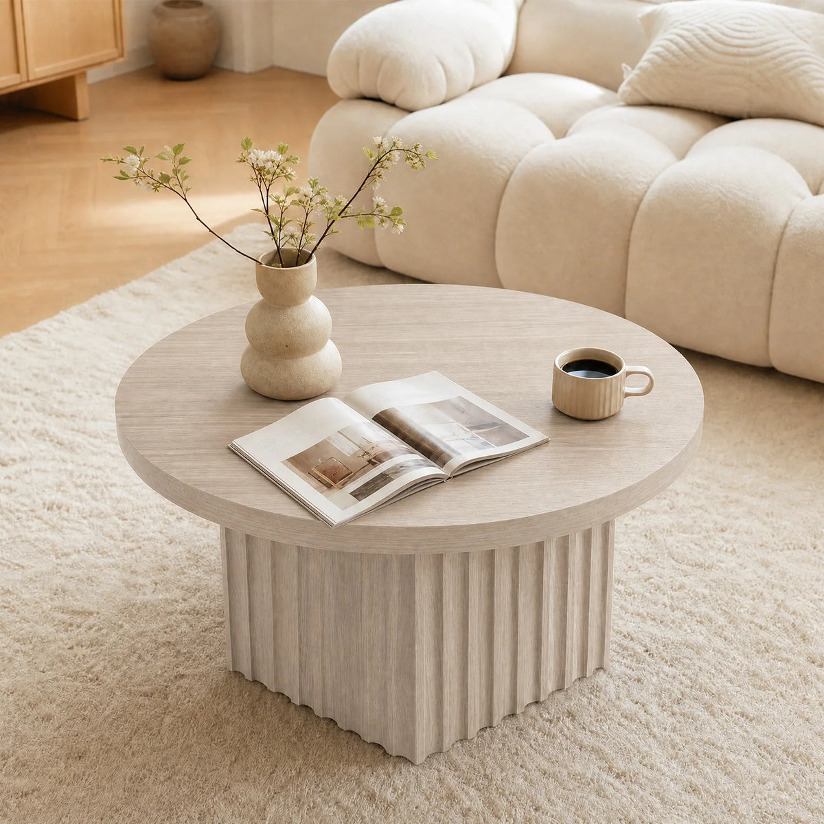 80 cm Round Fluted Drum Coffee Table with MDF Top for Living Room Apartment