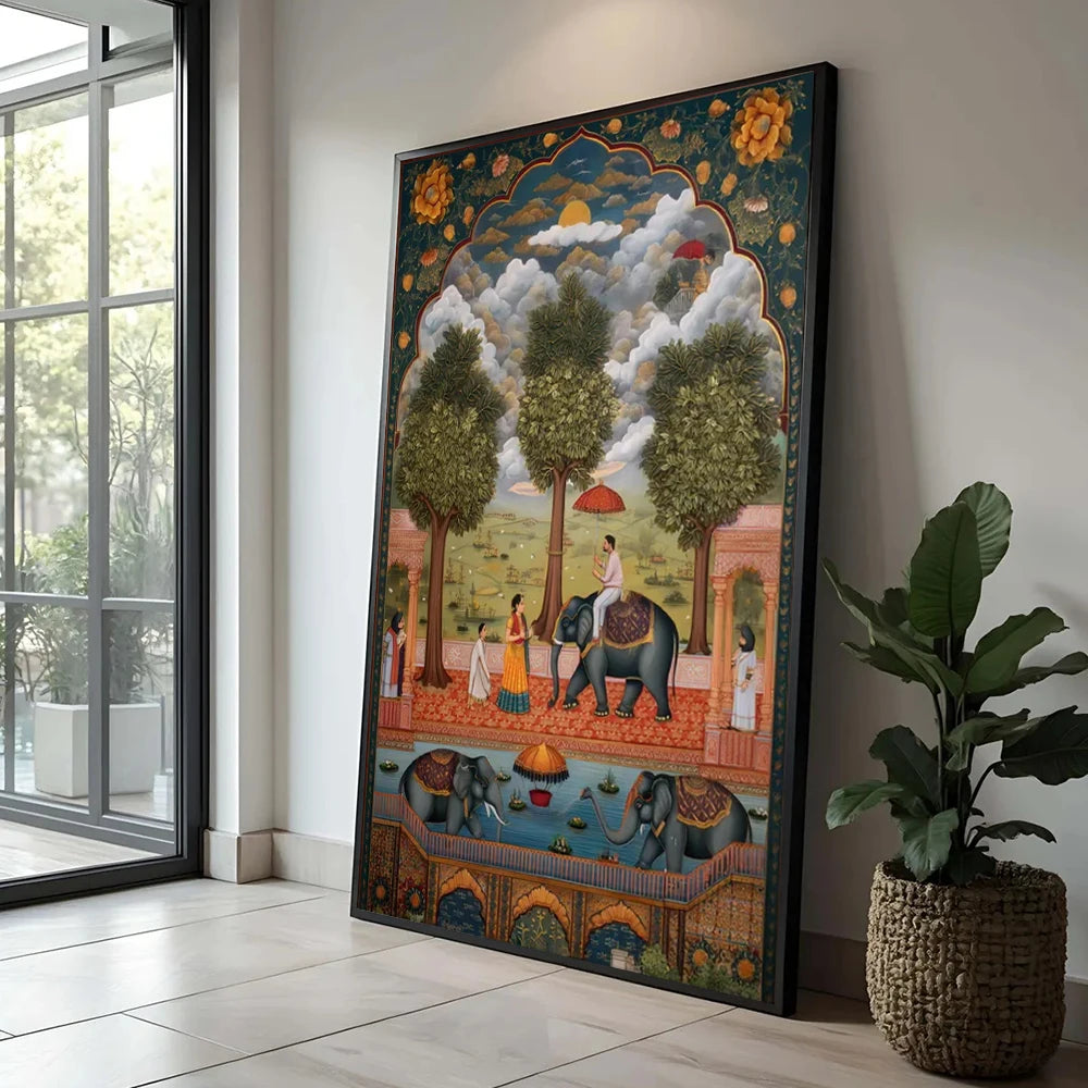 Vintage Indian Mughal Elephant Scene Canvas Painting Poster for Home Decor