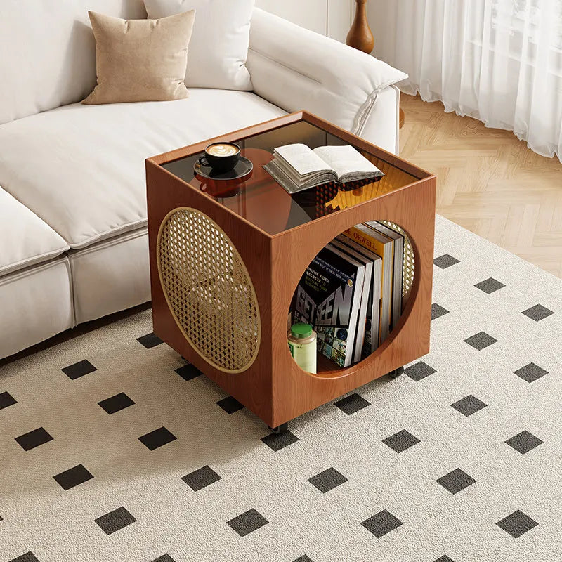 Round Rattan Glass Top Storage Coffee Table for Living Room