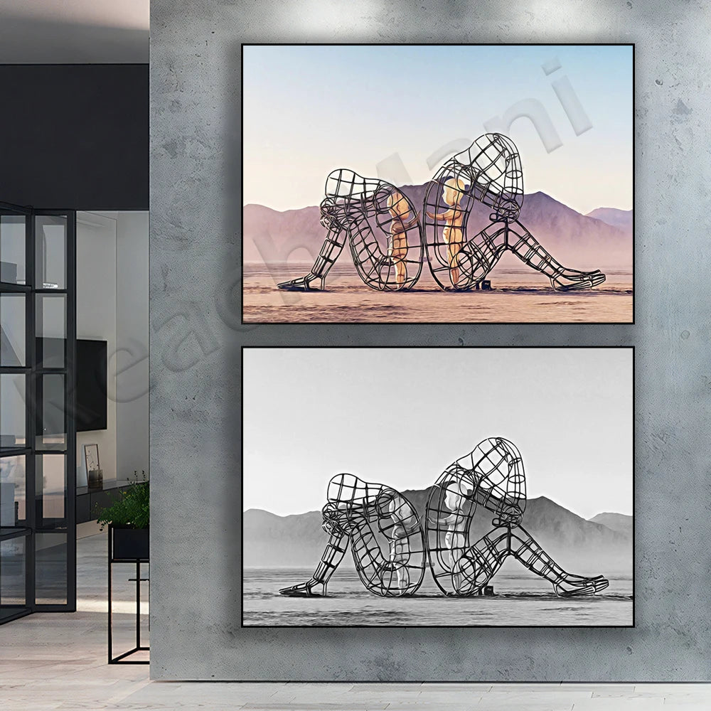Burning Man Sculpture Figure Canvas Painting Poster for Home Decor