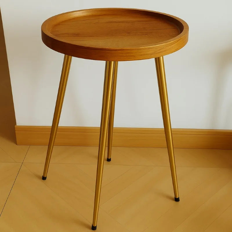 Round Natural Oak Coffee Table with Golden Metal Frame Side End Table