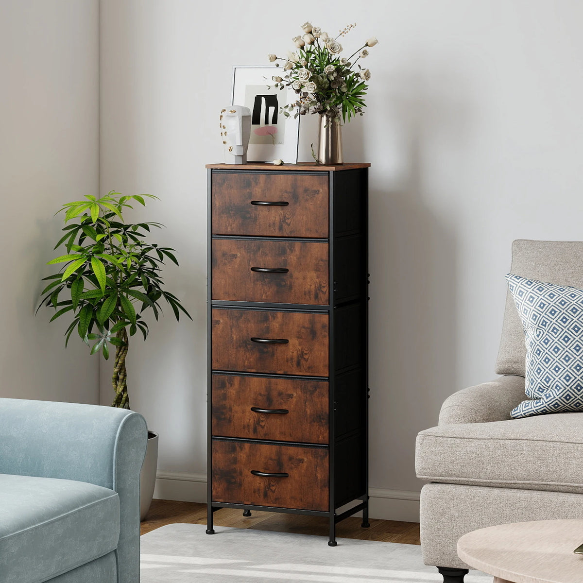 5-Drawer Fabric Tall Dresser with Steel Frame and Wooden Top