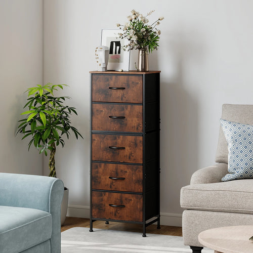 5-Drawer Fabric Tall Dresser with Steel Frame and Wooden Top