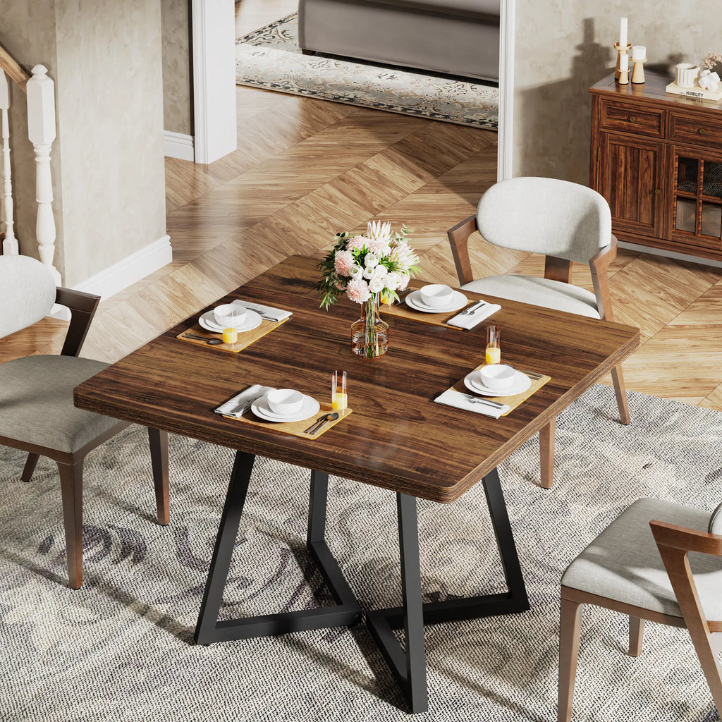 Square Industrial Dining Table with Wooden Top and Metal Base