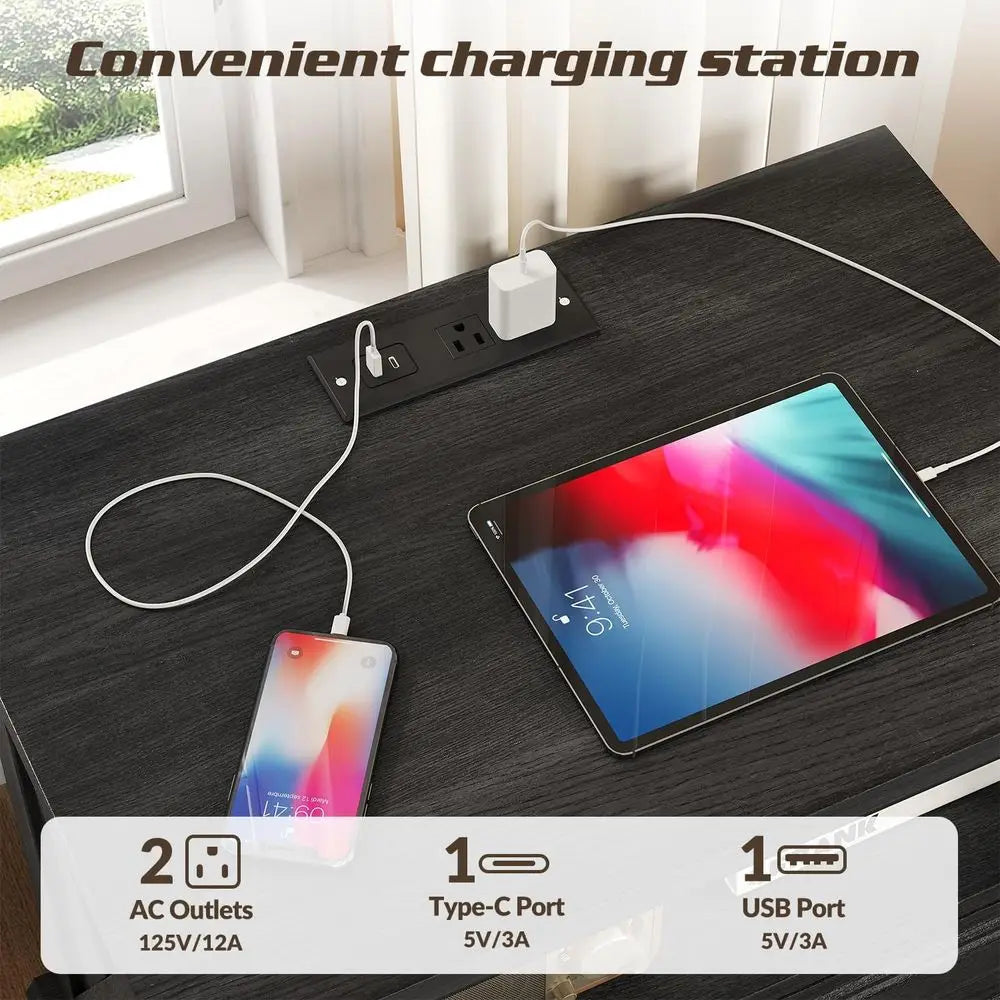60cm Modern 2-Drawer Nightstand Wooden Bedside Table with Charging Station Gray