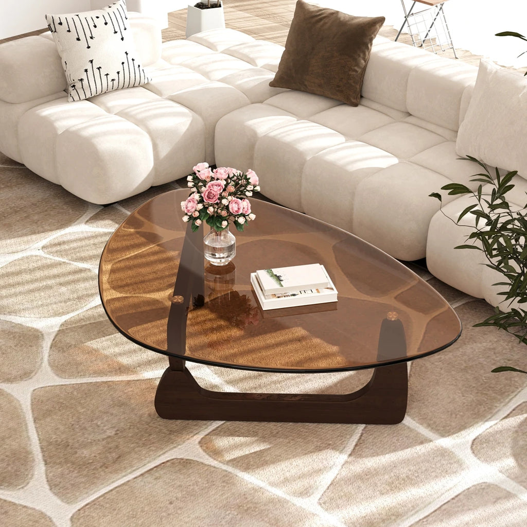 111cm Modern Amber Glass Triangular Coffee Table with Wooden Frame