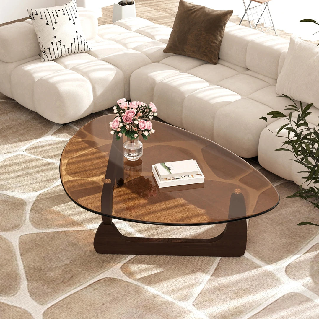111cm Modern Amber Glass Triangular Coffee Table with Wooden Frame